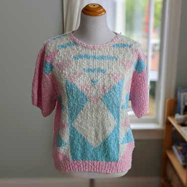 Vintage 1980s Pink Blue Short Sleeve Sweater Geome