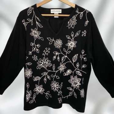 Vintage Cathy Daniels Embroidered Floral V-Neck P… - image 1