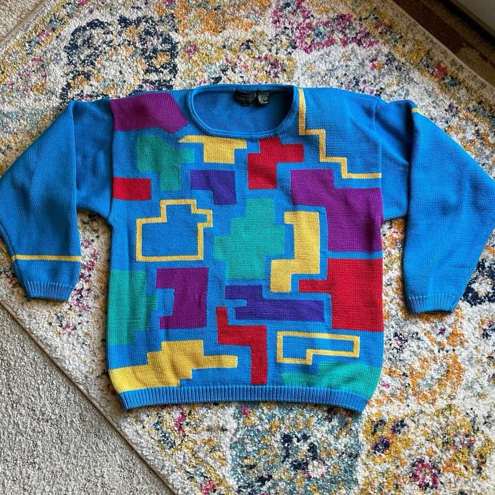 Vintage 80s Jeanne Pierre Blue Geometric Sweater.… - image 1