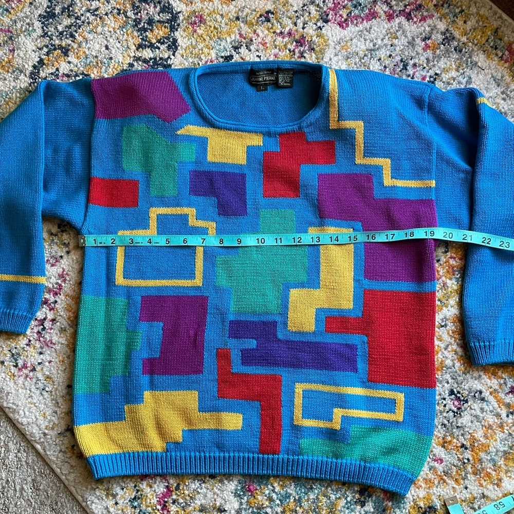 Vintage 80s Jeanne Pierre Blue Geometric Sweater.… - image 4