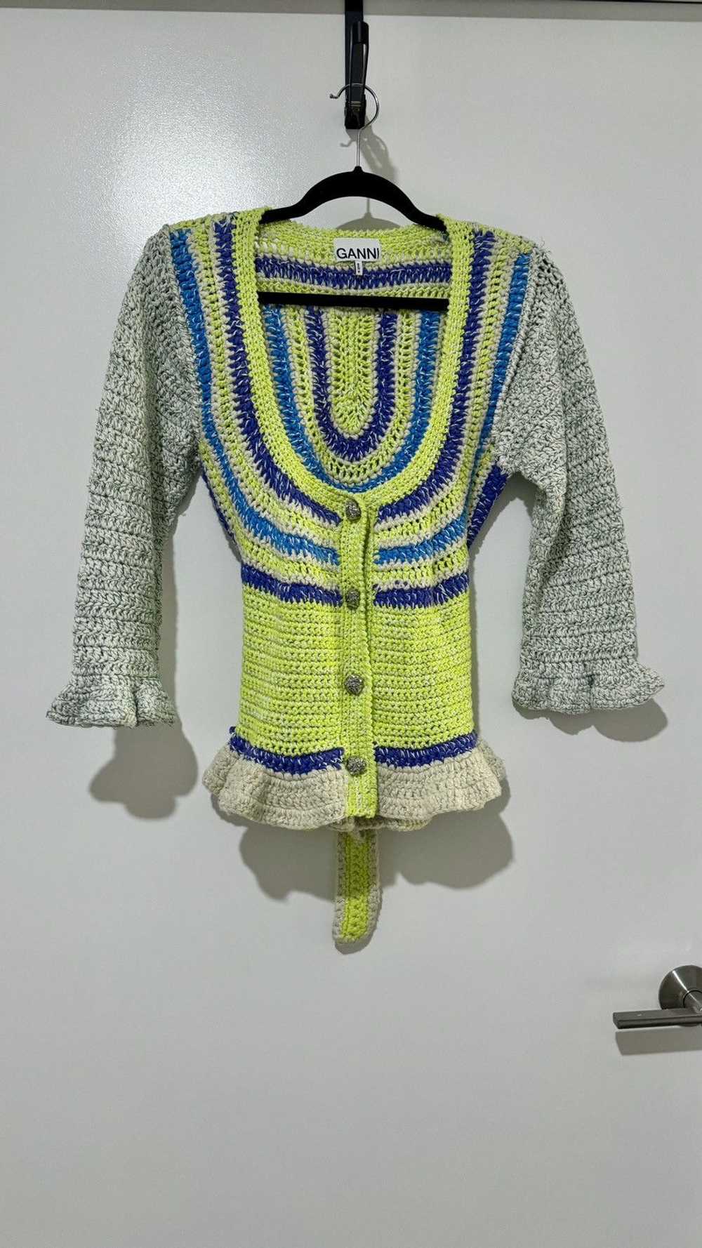 Ganni GANNI Novelty Crocheted Belted Cardigan - image 1