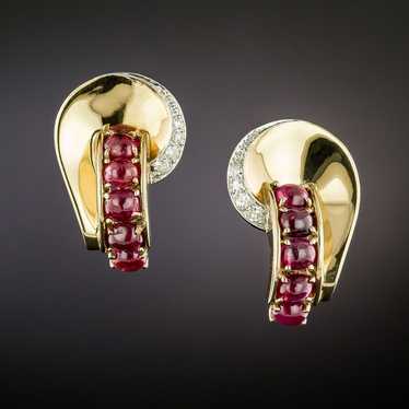 Retro Cabochon Ruby and Diamond Earrings