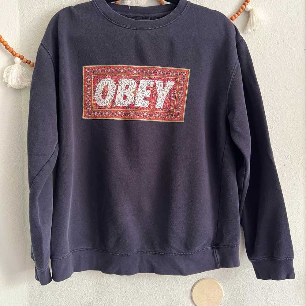 Obey navy blue graphic crew neck sweater - image 1