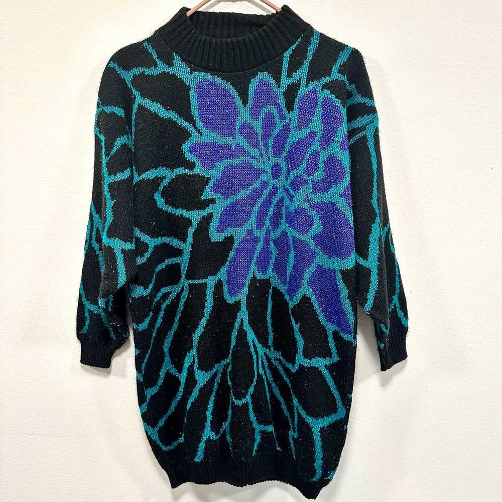 Vintage blue and purple floral tunic, sweater, wo… - image 1