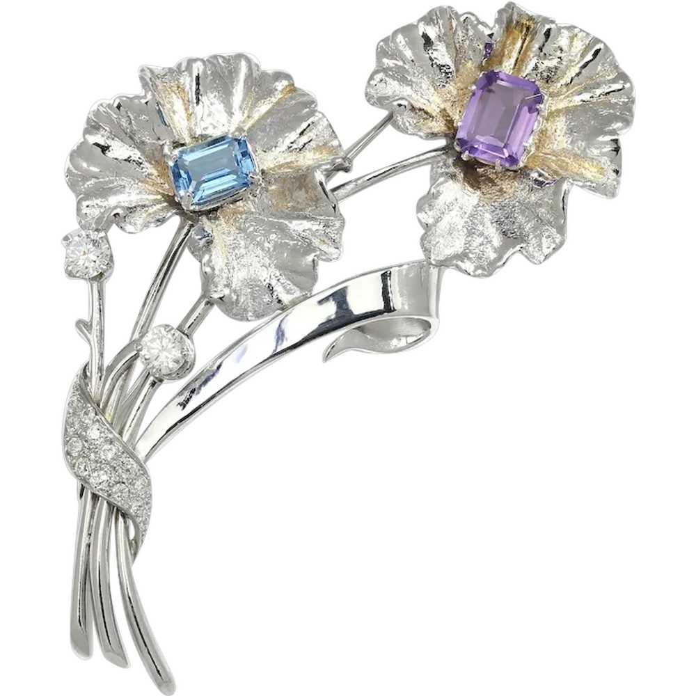 Topaz and Amethyst Flower Brooch Pin with Diamond… - image 1