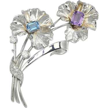 Topaz and Amethyst Flower Brooch Pin with Diamond… - image 1