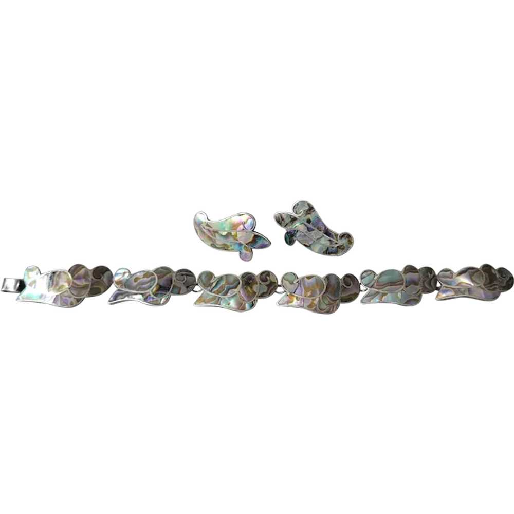 Sterling Abalone Inlay Taxco Bracelet Earrings Set - image 1