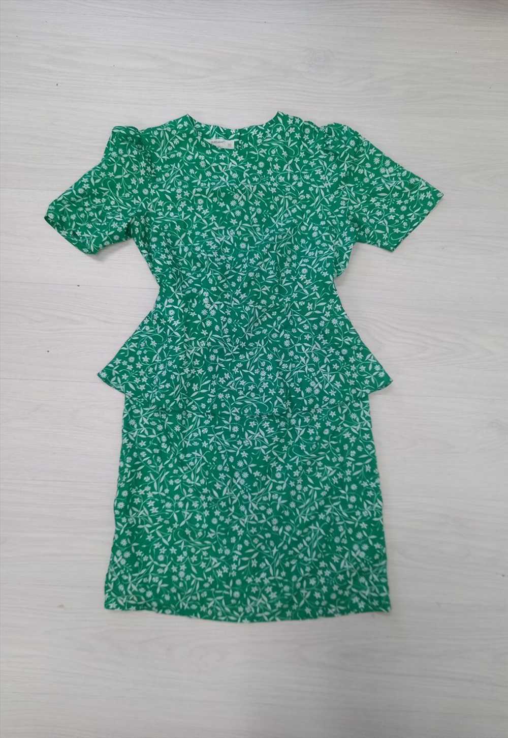 80's Vintage St Michael Dress Green Floral Peplum - image 1