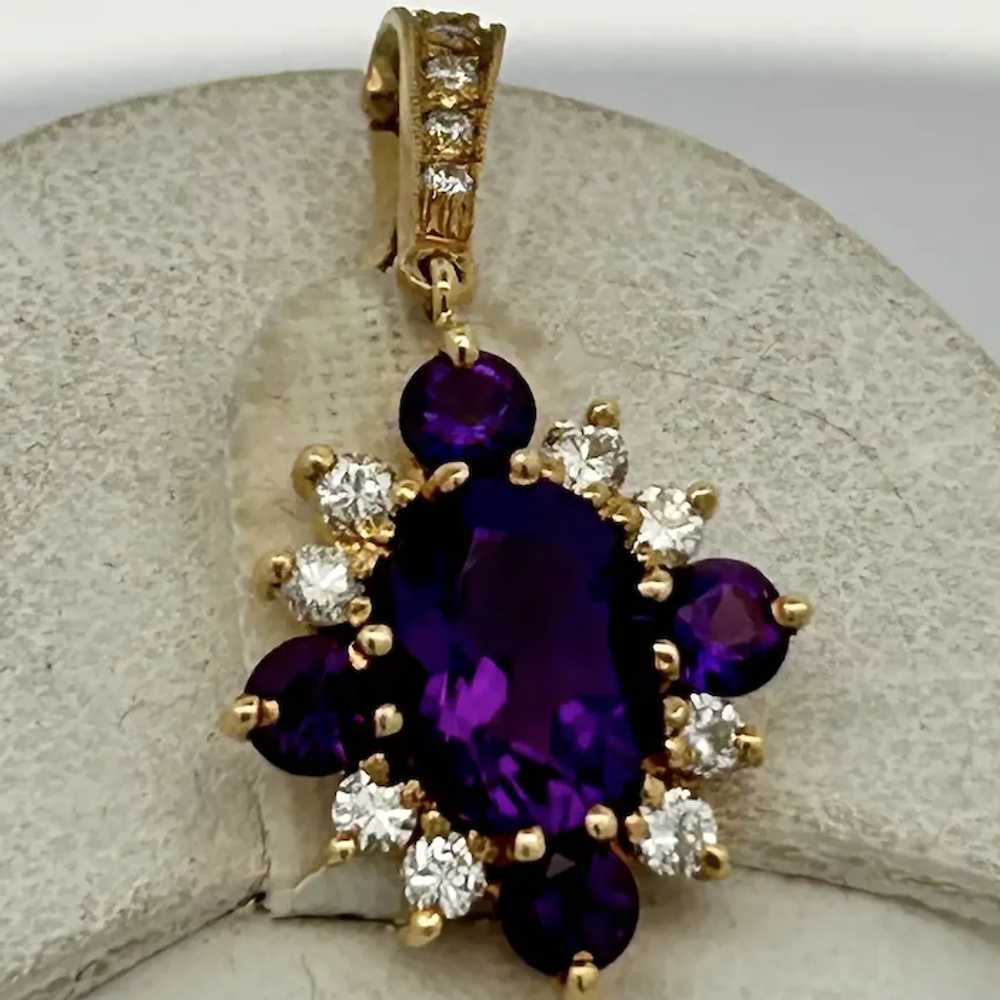 Vintage Estate Amethyst & Diamond Pendant 18K Gold - image 2