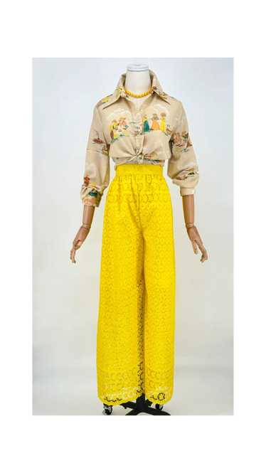 1970's Yellow Wide Leg Eyelet Lace Trousers