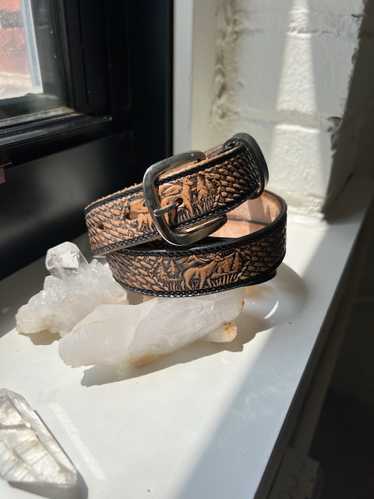 “Ollie” Wildlife Motif Tooled Leather Belt, Size 3