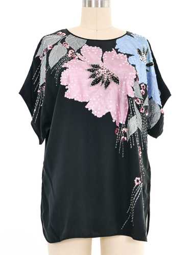 Black Embellished Floral Silk Short Sleeve Top