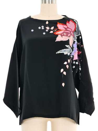 Black Embellished Painted Floral Silk Top - image 1