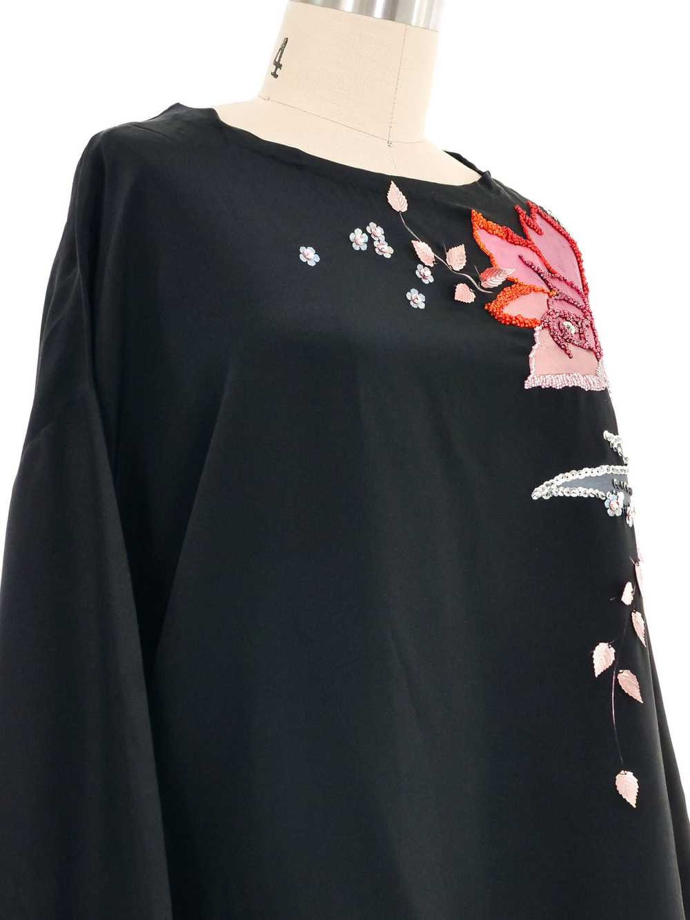 Black Embellished Painted Floral Silk Top - image 2