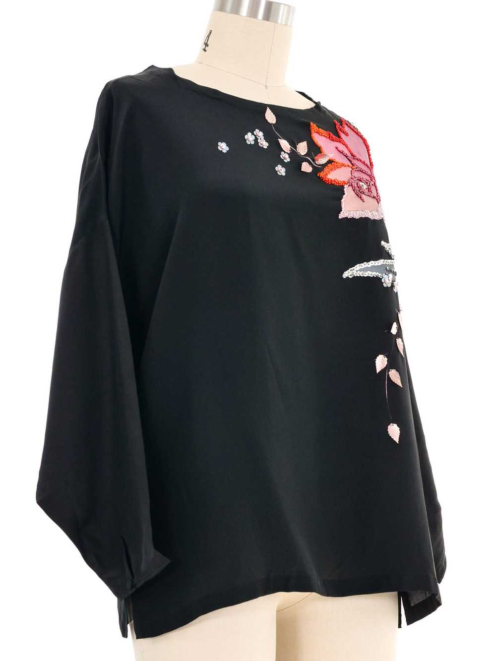 Black Embellished Painted Floral Silk Top - image 3