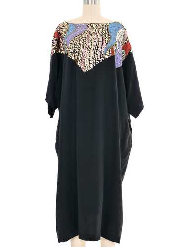 Black Painted Embellished Silk Midi Dress