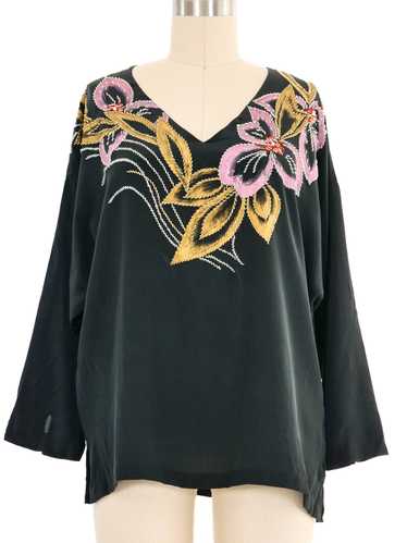 Black Painted Floral Silk Top - image 1