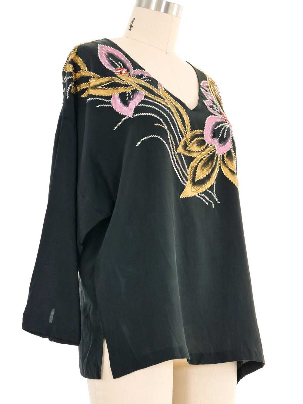 Black Painted Floral Silk Top - image 3