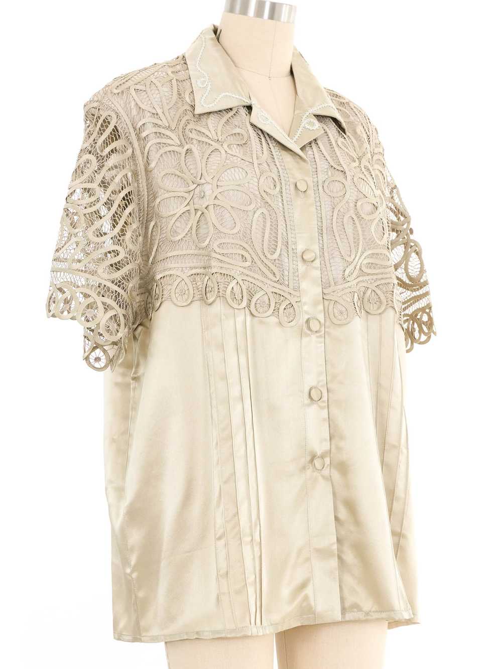 Champagne Satin Crochet Overlay Blouse - image 3