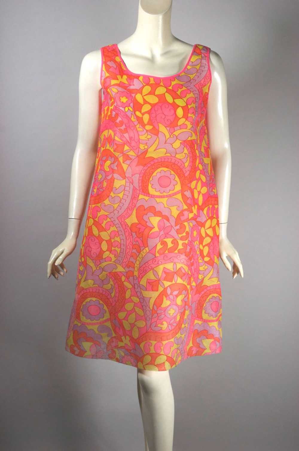 1960s paper dress pink flower power print XS 34 b… - image 1