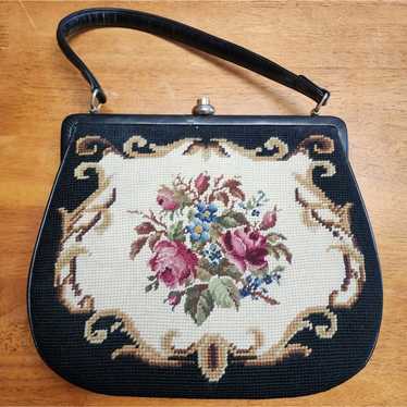 Vintage 60s Needlepoint Bag Floral Rose Leather H… - image 1