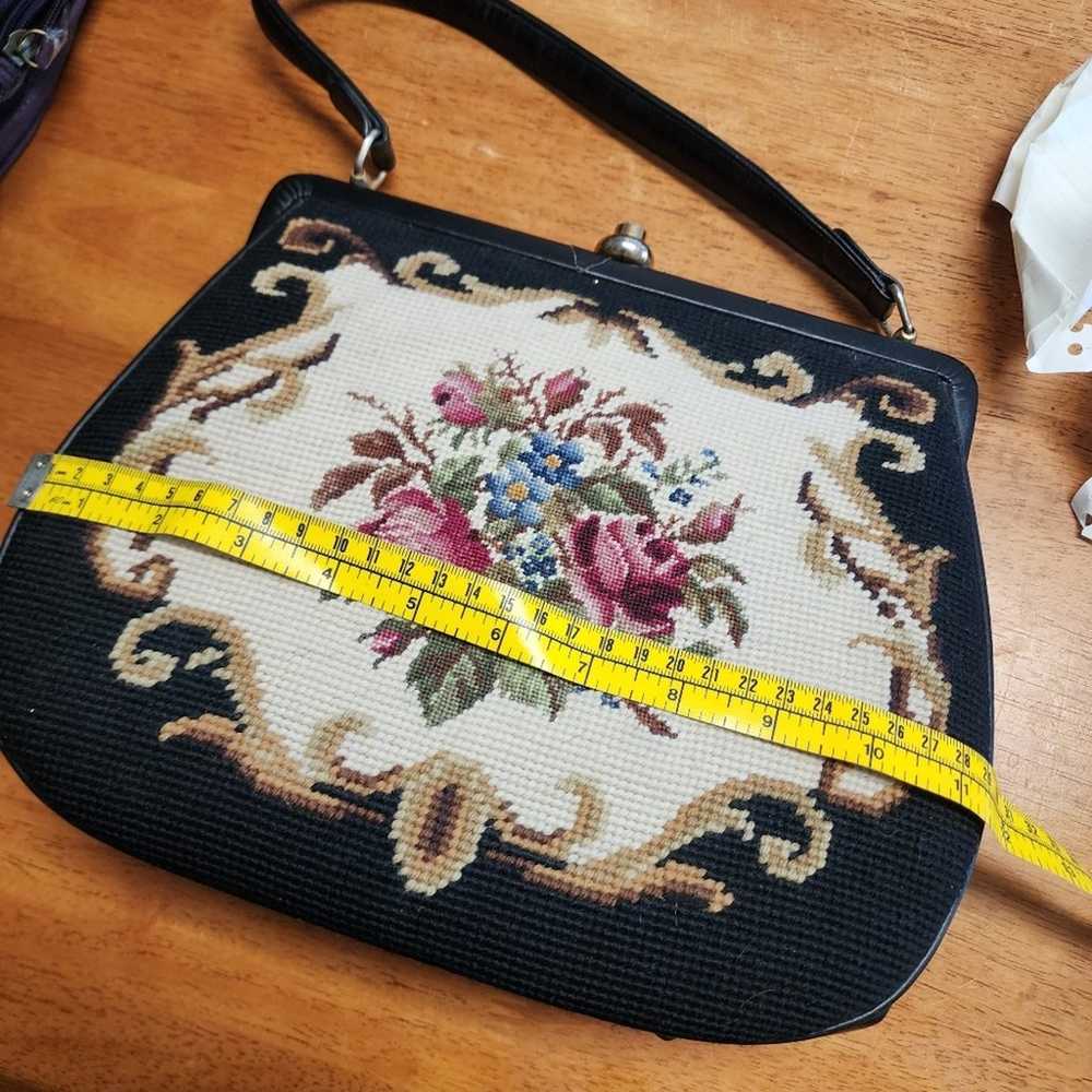 Vintage 60s Needlepoint Bag Floral Rose Leather H… - image 4