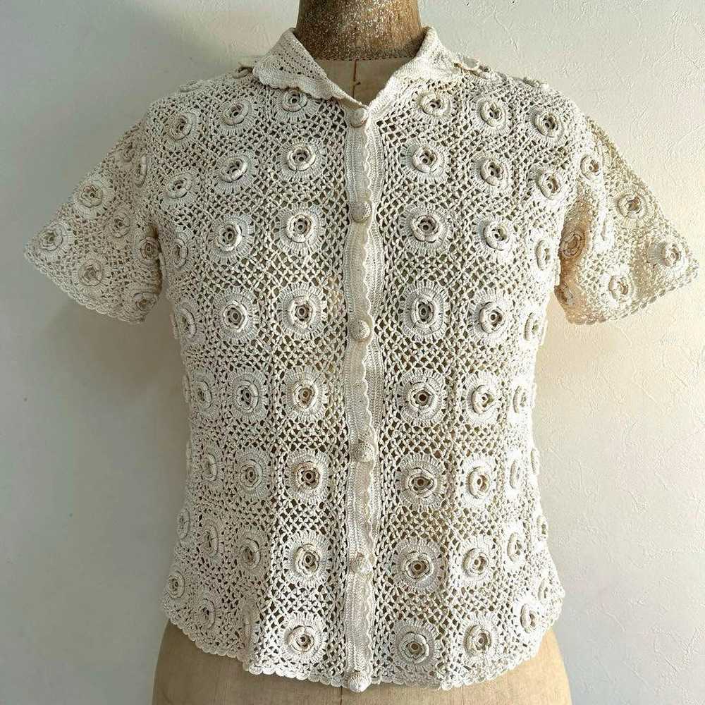 Vintage Hand Made Lace Cardigan in Ecru - image 12