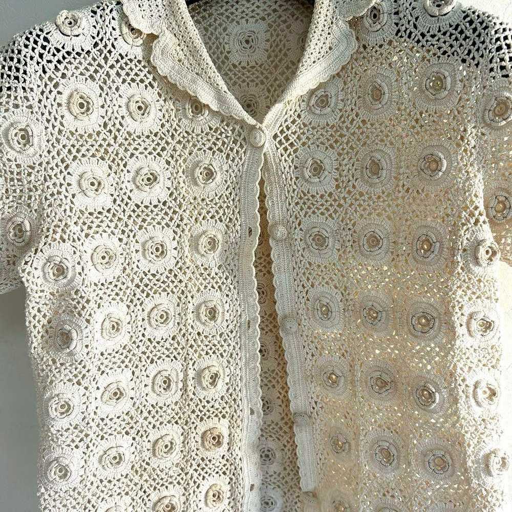 Vintage Hand Made Lace Cardigan in Ecru - image 2