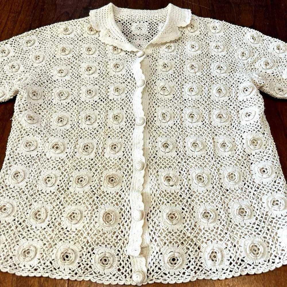 Vintage Hand Made Lace Cardigan in Ecru - image 9