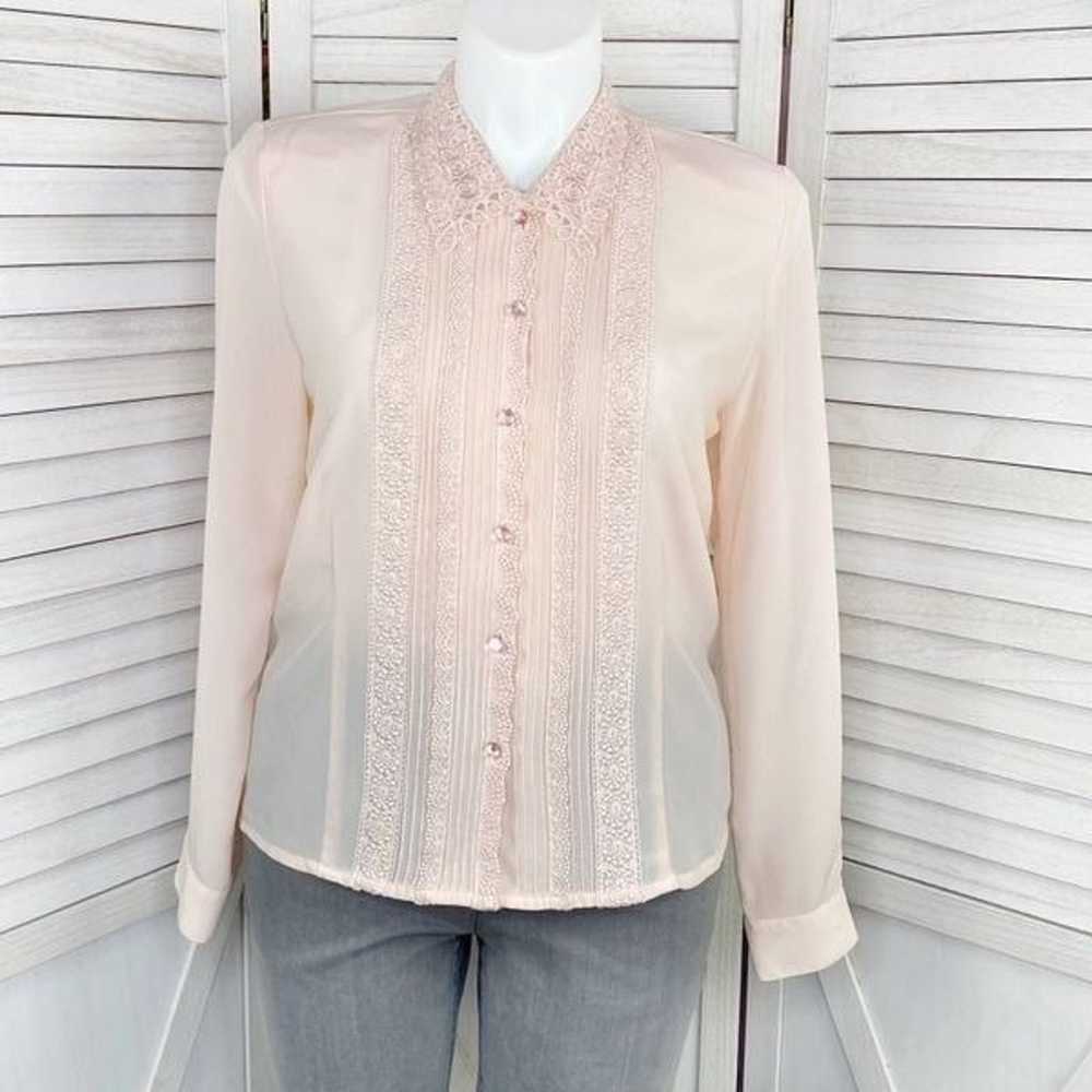 Kathy Che Vintage Sheer Lace Pleats Detail Blouse… - image 1