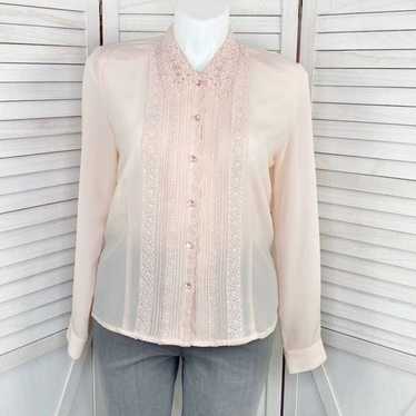 Kathy Che Vintage Sheer Lace Pleats Detail Blouse… - image 1