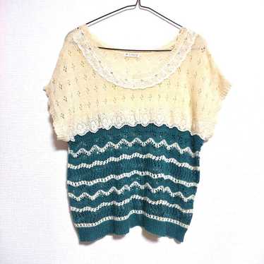 axes femme Green Cream Color Knit Short Sleeve M … - image 1