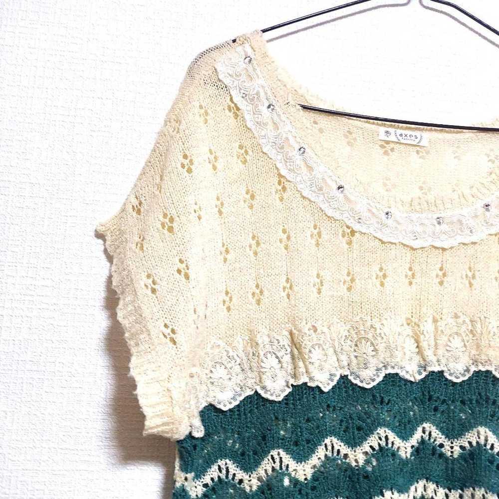 axes femme Green Cream Color Knit Short Sleeve M … - image 3