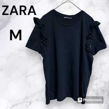 【321】ZARA Frilled Sleeve T-Shirt Black Vintage Cu… - image 1