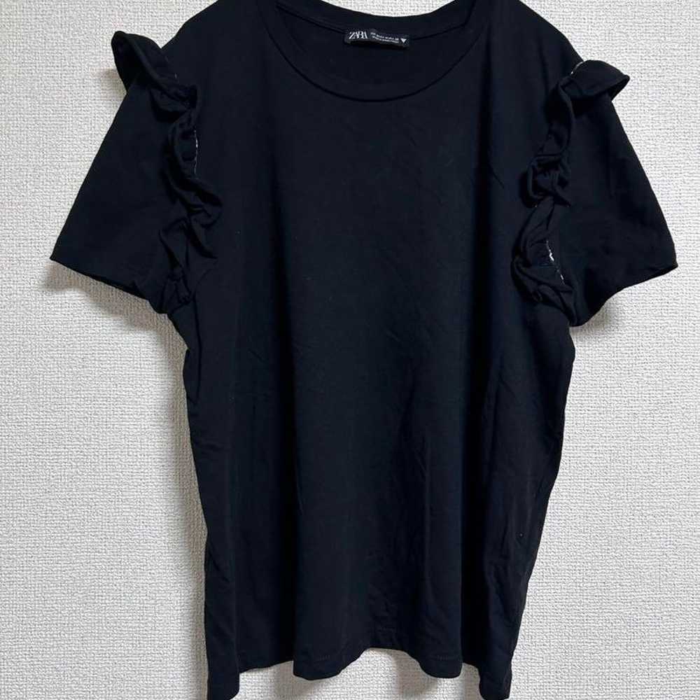 【321】ZARA Frilled Sleeve T-Shirt Black Vintage Cu… - image 2