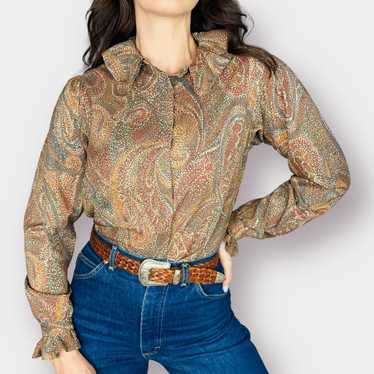 70s Evan Picone Tan and Neutrals Paisley Ruffle C… - image 1