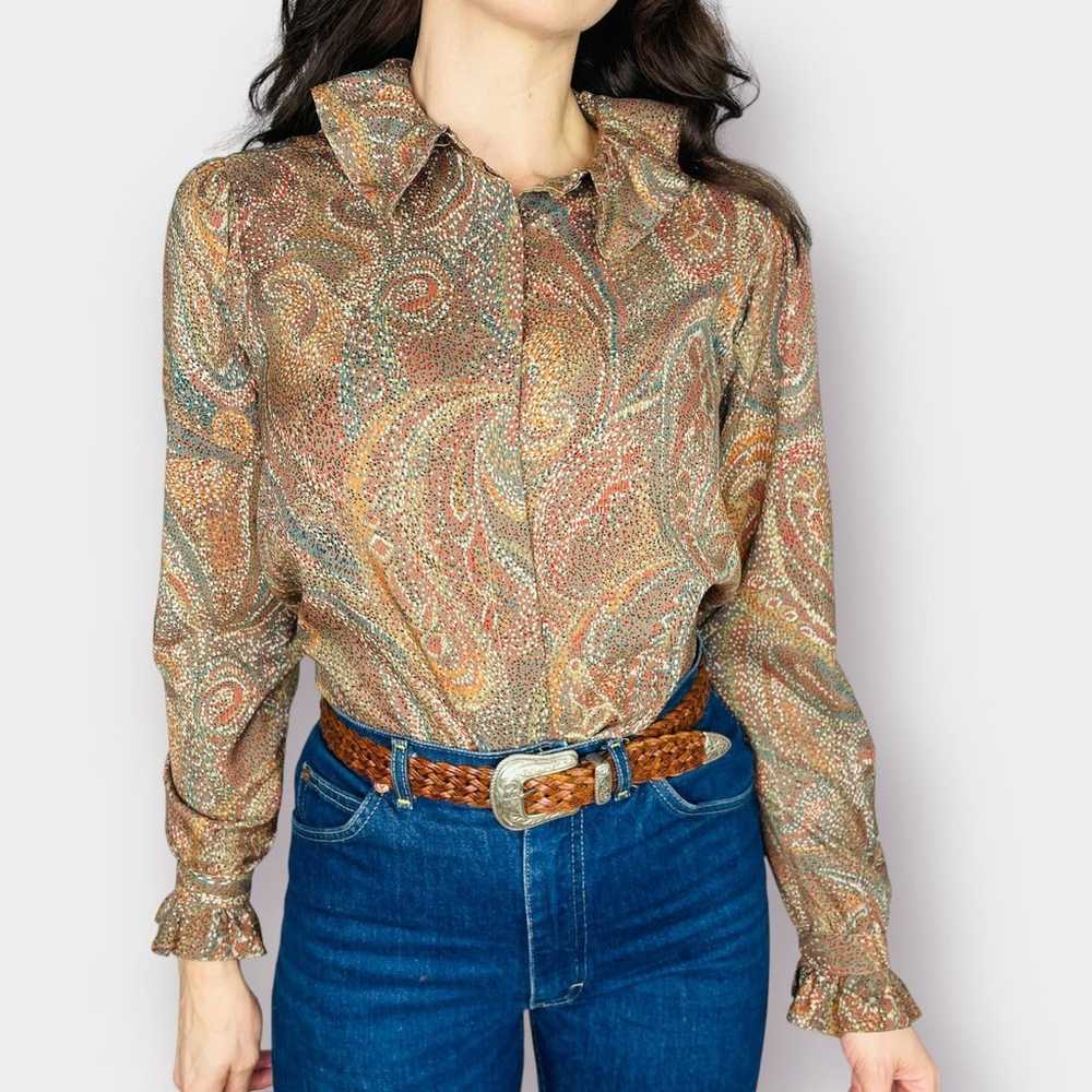 70s Evan Picone Tan and Neutrals Paisley Ruffle C… - image 3