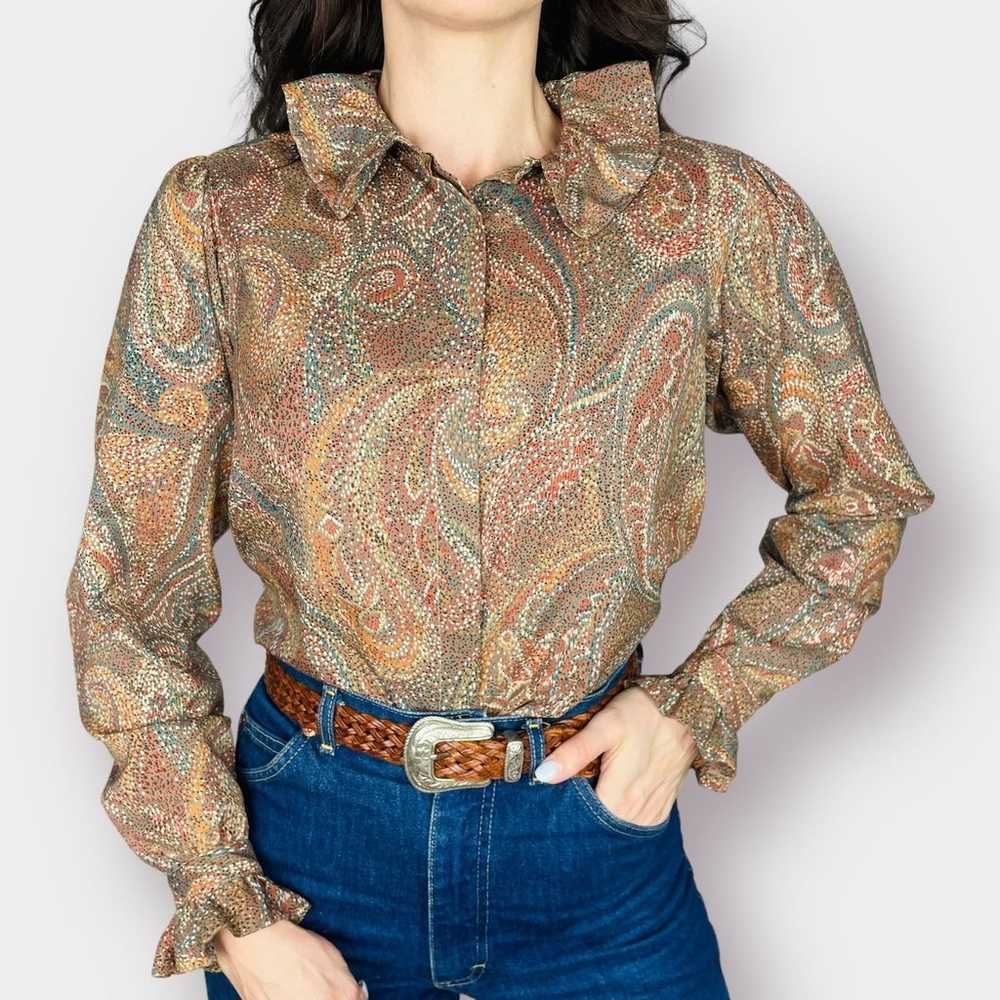 70s Evan Picone Tan and Neutrals Paisley Ruffle C… - image 4