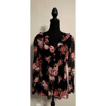 Vintage Adrianna Papell Silk Floral Ruffle Blouse… - image 1