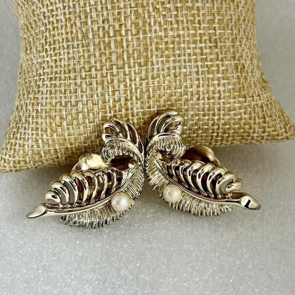 Vintage Marboux Feather Clip Earrings Gold Tone - image 1