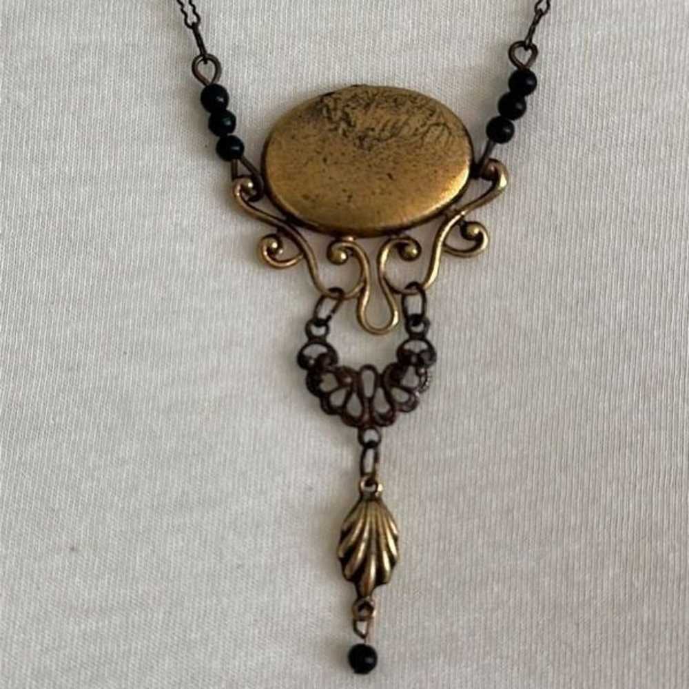 Vintage antique gold filigree black beaded statem… - image 2