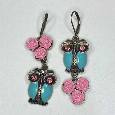 Betsey Johnson Pink Flower and Blue Owl Earrings