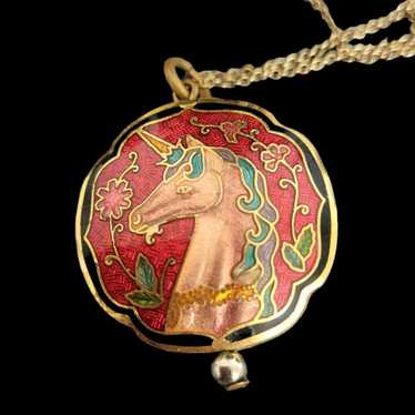 Rare Vintage Cloisonne Horse Pendant & Gold Fille… - image 1