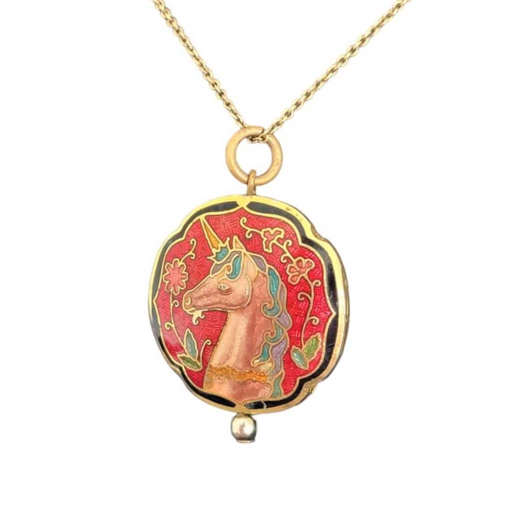 Rare Vintage Cloisonne Horse Pendant & Gold Fille… - image 2