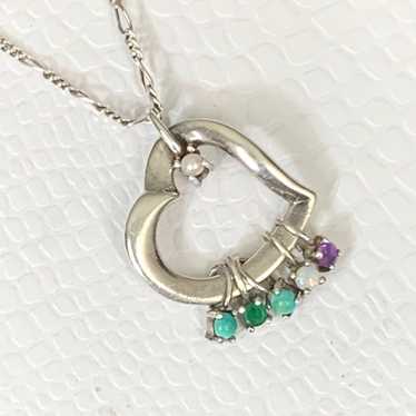 SIGNED LENOX MULTIGEMSTONE HEART NECKLACE STERLING