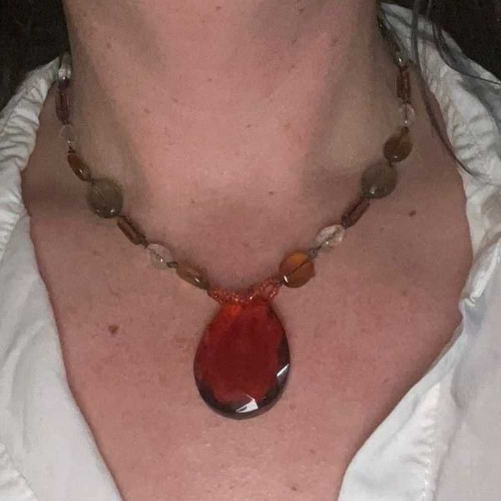 Vintage Czech Beaded Amber Teardrop Necklace - image 1