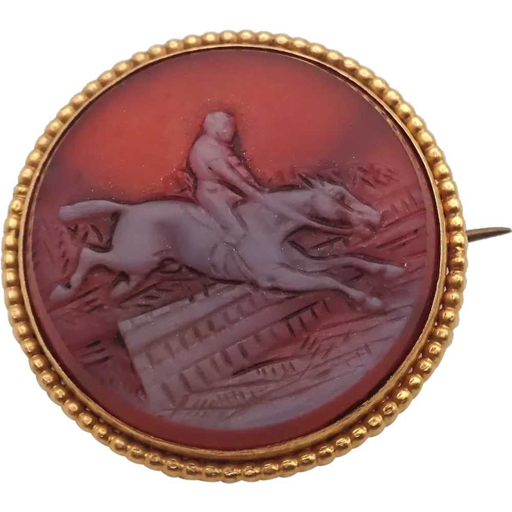 Victorian Horse and Rider Carved Agate on 14K Gol… - image 1