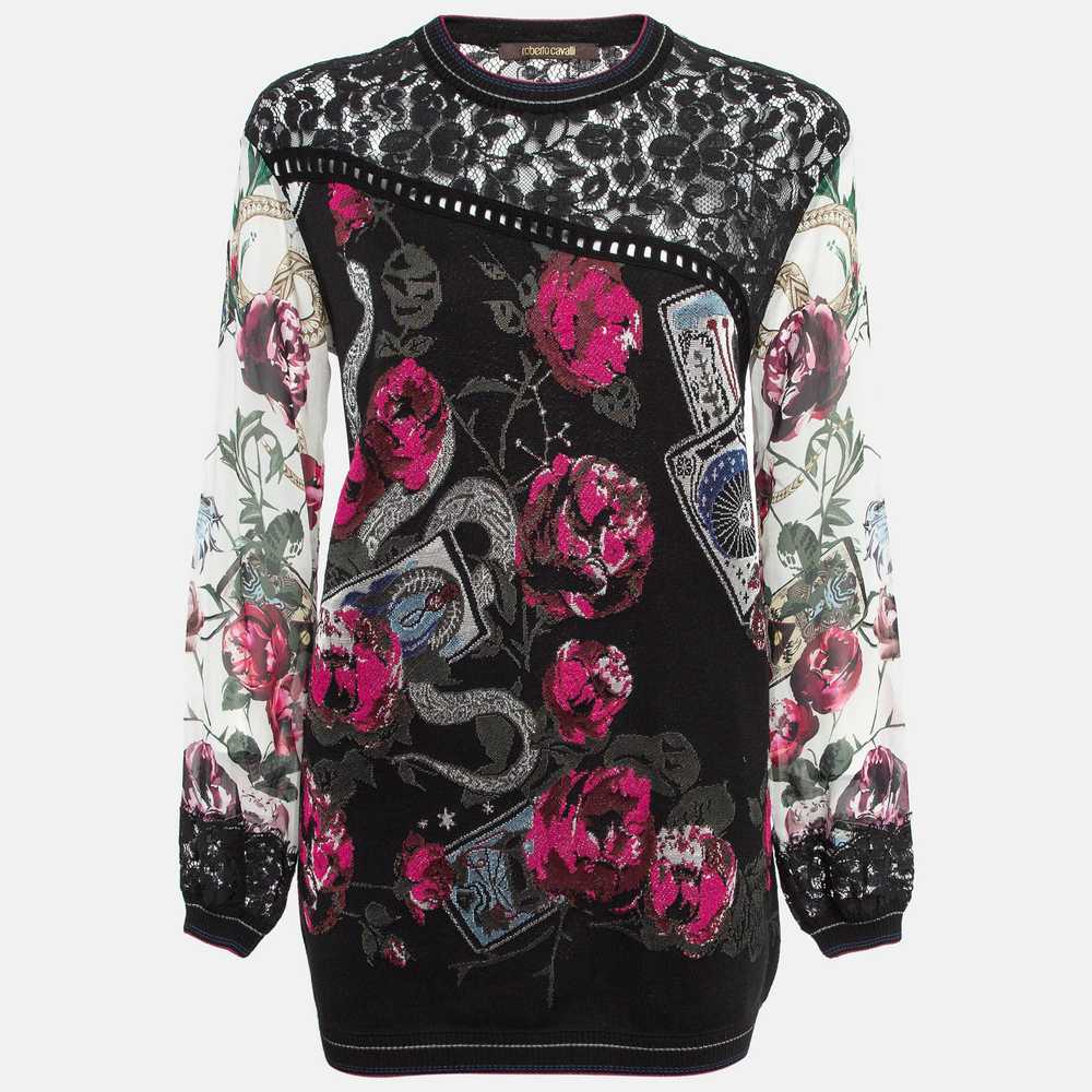 Roberto Cavalli Black Floral Pattern Knitted Lace… - image 1