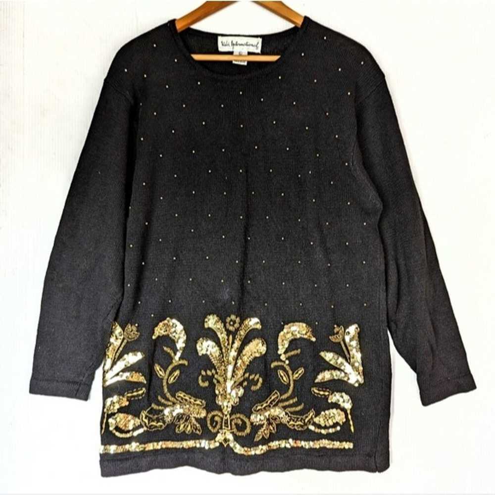 VINTAGE gaudy bling gold sequined beaded black ch… - image 1