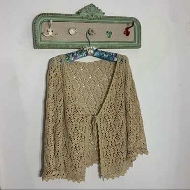 Vintage bohemian crochet knit cardigan light tan … - image 1